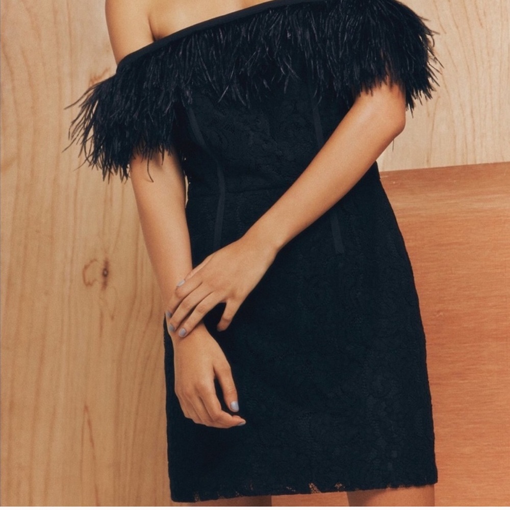 TOPSHOP BLACK LACE OFF THE SHOULDER FEATHER DRESS